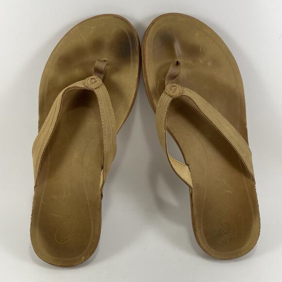 Olukai Aukai Leather Flip Flops Womens Size 10 Brown Tan Sandals Hawaiian Beach - Picture 6 of 9